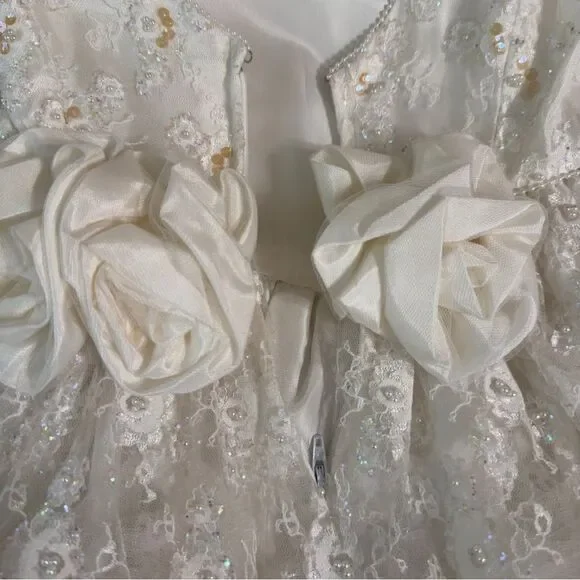 Vintage Ivory Tulle & Lace Flower Girl Dress with Rosette Back & Pearl Detail - Picture 12 of 16